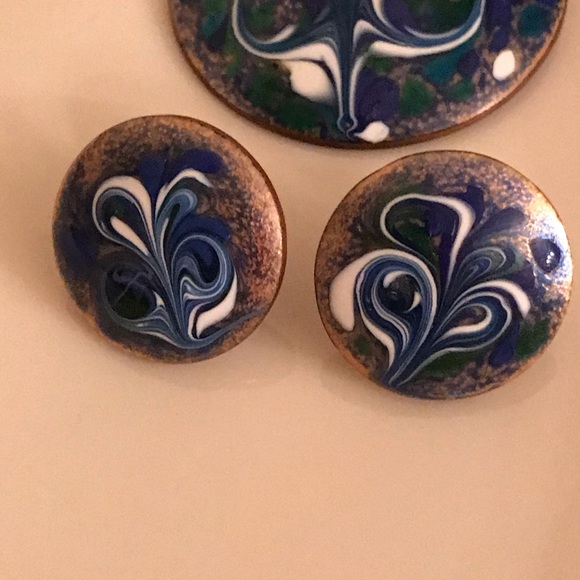 Enamel/copper brooch & earrings set signed Inga - Picture 2 of 5
